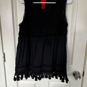 Christina Vintage Black Sleeveless Blouse with Tassel Detail 100% Cotton